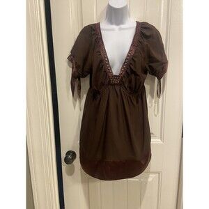 Hale Bob Chocolate Brown V Neck Silk Blouse-L